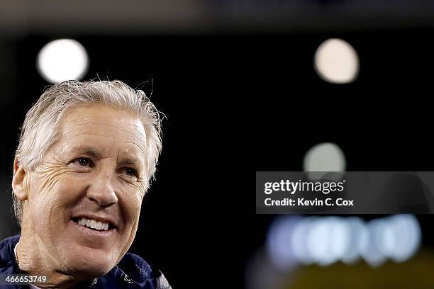 Head coach Pete Carroll of the Seattle Seahawks celebrates after their 43-8 victory over the Denver Broncos during Super Bowl XLVIII at MetLife...