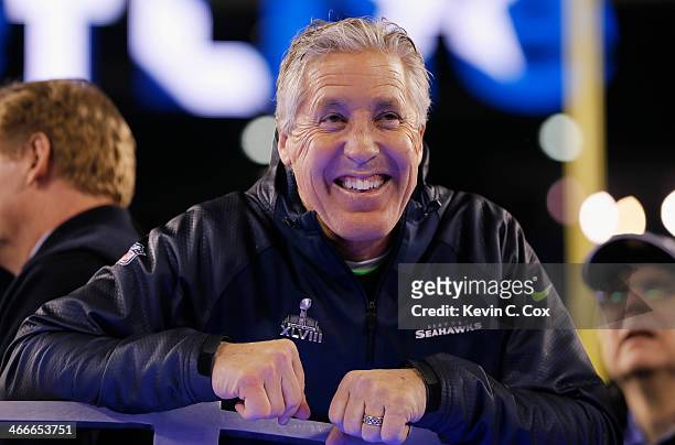 Head coach Pete Carroll of the Seattle Seahawks celebrates after their 43-8 victory over the Denver Broncos during Super Bowl XLVIII at MetLife...