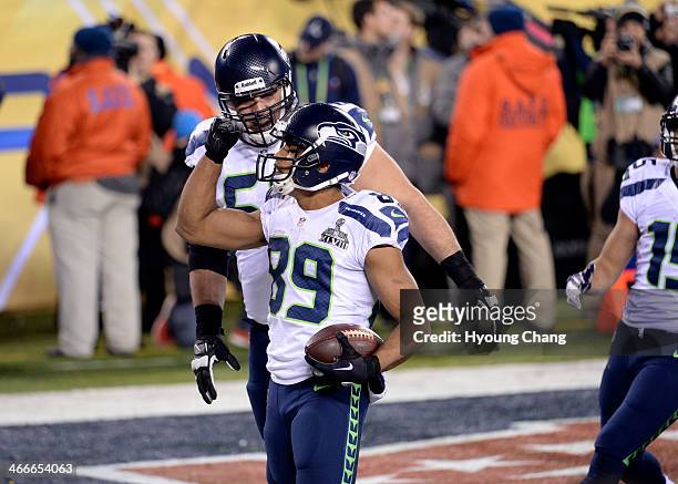 Seattle Seahawks wide receiver Doug Baldwin celebrates his fourth quarter touchdown. The Denver Broncos vs the Seattle Seahawks in Super Bowl XLVIII...