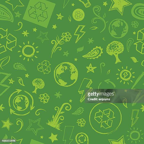 seamless sketched green eco background - recycling symbol stock illustrations