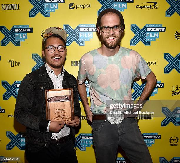 Directors Daniel Kwan and Daniel Scheinert poses with Special Jury Recognition Award for Music Videos during the SXSW FIlm Awards at the 2015 SXSW...