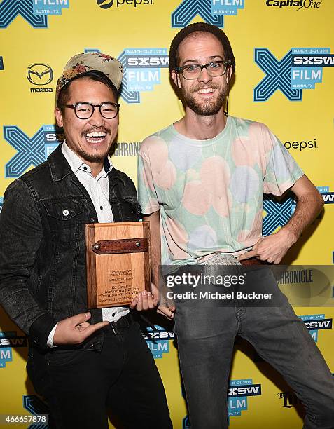 Directors Daniel Kwan and Daniel Scheinert poses with Special Jury Recognition Award for Music Videos during the SXSW FIlm Awards at the 2015 SXSW...