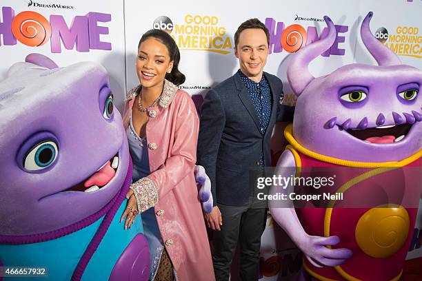 Rihanna and Jim Parsons pose for a photo before a screening of "Home" at Cinemark West Plano on March 17, 2015 in Plano, Texas.