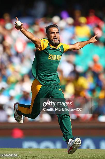 Muhammad Imran Tahir of South Africa celebrates getting the wicket of Lahiru Thirimanna of Sri Lanka during the 2015 ICC Cricket World Cup match...