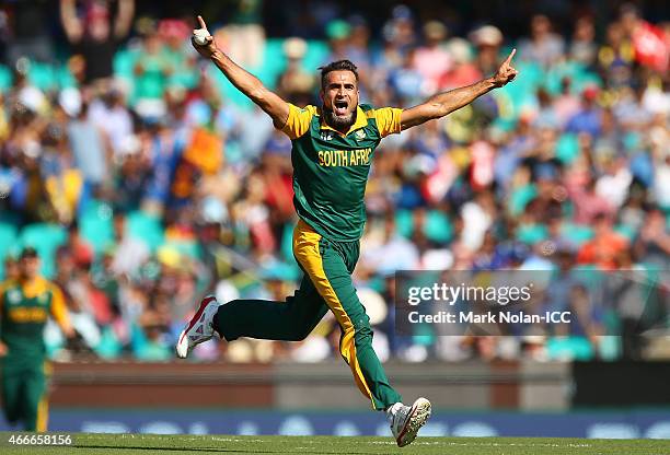 Muhammad Imran Tahir of South Africa celebrates getting the wicket of Lahiru Thirimanna of Sri Lanka during the 2015 ICC Cricket World Cup match...