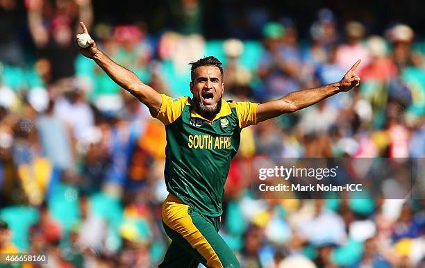 Muhammad Imran Tahir of South Africa celebrates getting the wicket of Lahiru Thirimanna of Sri Lanka during the 2015 ICC Cricket World Cup match...