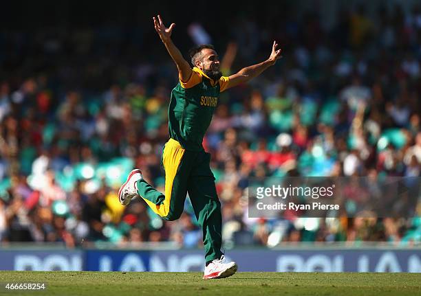Imran Tahir of South Africa celebrates after taking the wicket of Mahela Jayawardene of Sri Lanka during the 2015 ICC Cricket World Cup Quarter Final...