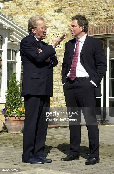 Prime Minister Tony Blair talks with broadcaster Sir David Frost, Sunday May 13 at Spennymoor, County Durham, where he was appearing on the...