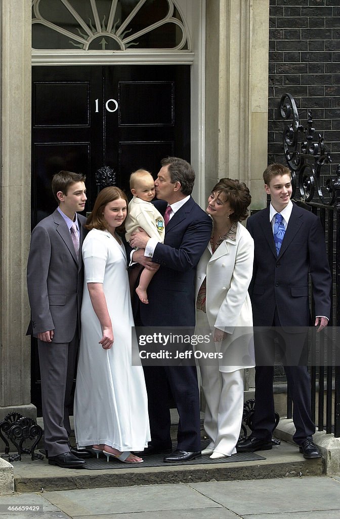 Prime Minister Tony Blair and family outside Number Ten after victory in 2001 General Election