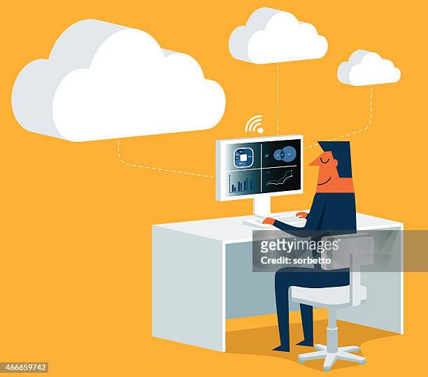 cartoon of man using computer linked to storage clouds - laptop netbook stock illustrations