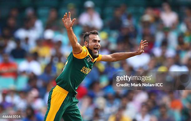 Muhammad Imran Tahir of South Africa celebrates his third wicket during the 2015 ICC Cricket World Cup match between South Africa and Sri Lanka at...