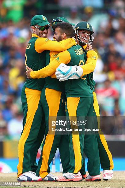 Duminy of South Africa celebrates with team mates after dismissing Nuwan Kulasekara of Sri Lanka during the 2015 ICC Cricket World Cup match between...