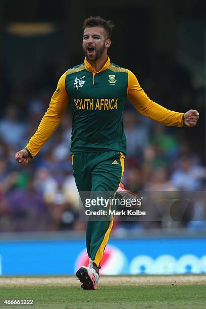Duminy of South Africa celebrates taking the wicket of Tharindu Kaushal of Sri Lanka during the 2015 ICC Cricket World Cup match between South Africa...