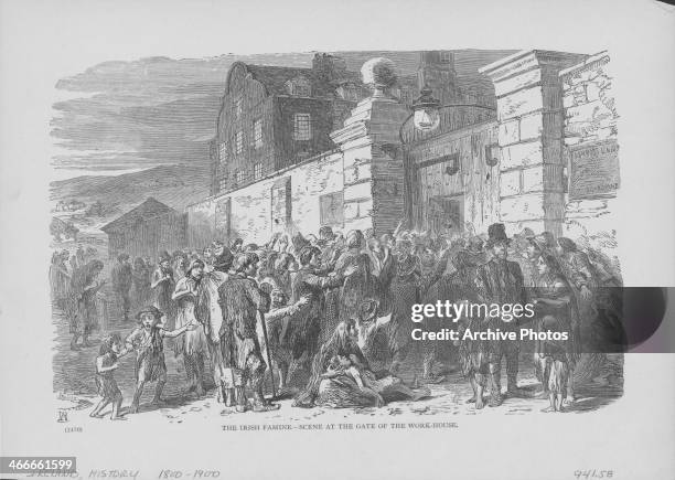 Engraving depicting the devastation of the Irish famine, showing a scene outside a workhouse, Ireland, circa 1846-1847.