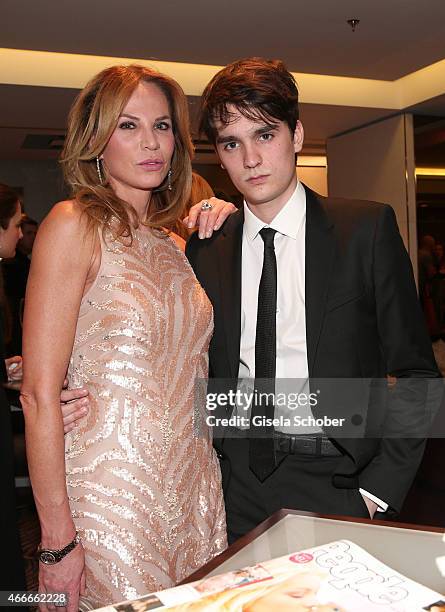 Rosalie van Breemen and her son Alain-Fabien Delon during the PEOPLE Magazine Germany launch party at Waldorf Astoria on March 17, 2015 in Berlin,...