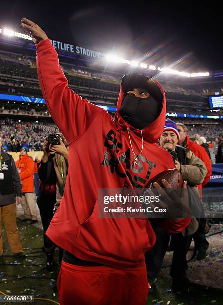 Running back Marshawn Lynch of the Seattle Seahawks celebrates after their 43-8 victory over the Denver Broncos during Super Bowl XLVIII at MetLife...