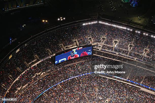 Denver Broncos quarterback Peyton Manning appears on a jumbotron while playing the Seattle Seahawks in Super Bowl XLVIII at MetLife Stadium on...