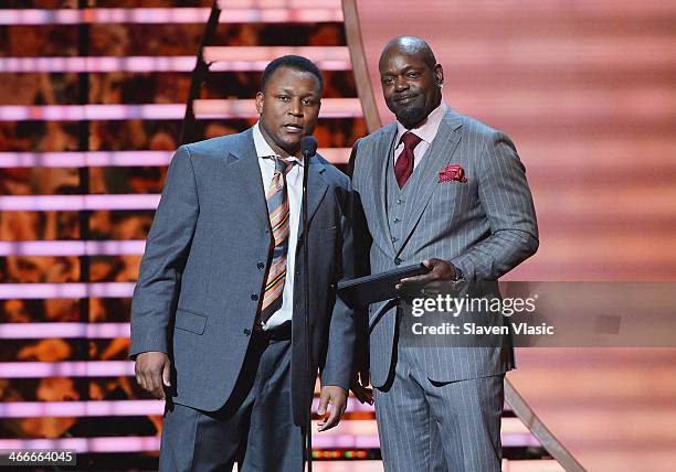 Former Detroit Lions running back Barry Sanders and former Dallas Cowboys running back Emmitt Smith attend the 3rd Annual NFL Honor at Radio City...