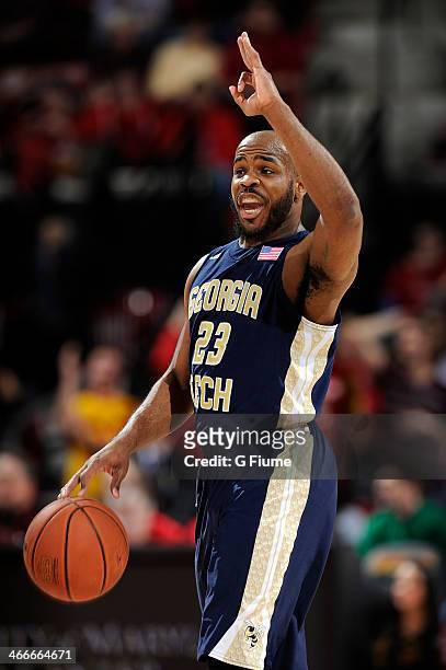 Trae Golden of the Georgia Tech Yellow Jackets handles the ball against the Maryland Terrapins at the Comcast Center on January 4, 2014 in College...