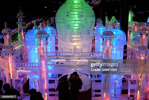 Local residents visit a ice Taj Mahal palace at the Fantasy Ice World exhibition in Taipei on February 3, 2014. Local residents visited the ice...