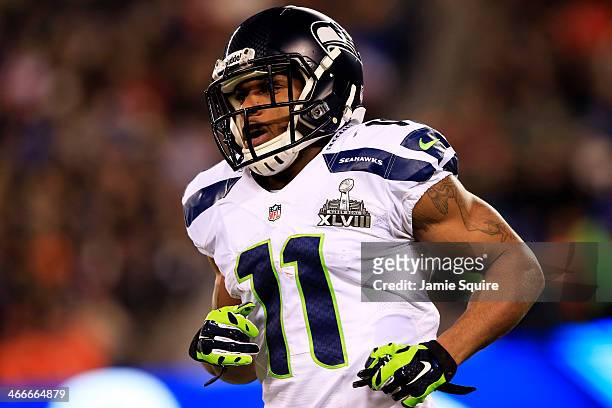 Wide receiver Percy Harvin of the Seattle Seahawks runs during Super Bowl XLVIII against Denver Broncos at MetLife Stadium on February 2, 2014 in...