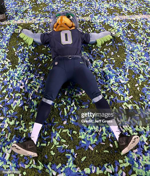 Blitz, the Seattle Seahawks mascot, does snow angels on the field after the Seahawks 43-8 victory against the Denver Broncos during Super Bowl XLVIII...