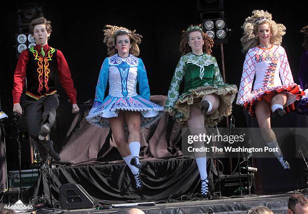 Left to right: Grady McDevitt, Katie Caler, Kate Olsen-Stucking, and Amber Walker, with the O'neill-James School of Irish Dancing, perform at The...