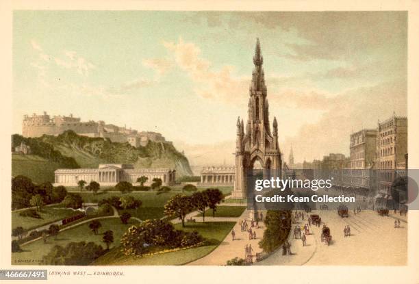 Color print depicting Princes Street, looking west, Edinburgh, published by T. Nelson and Sons, Scotland.