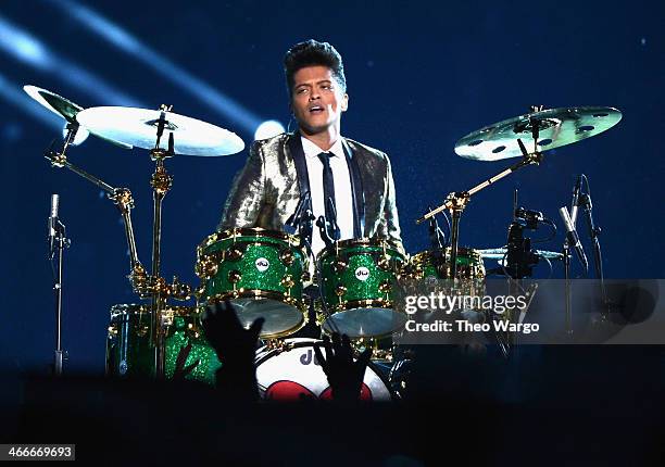 Bruno Mars performs during the Pepsi Super Bowl XLVIII Halftime Show at MetLife Stadium on February 2, 2014 in East Rutherford, New Jersey.