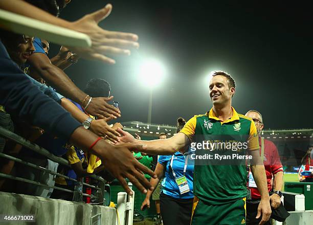 De Villiers of South Africa leaves the ground during the 2015 ICC Cricket World Cup Quarter Final match between South Africa and Sri Lanka at Sydney...