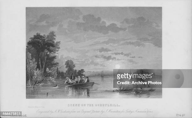 Engraved scene on the Schuylkill River, with a party of ladies and gentlemen on a rowing boat, engraved by W. Graham, Pennsylvania, circa 1800.