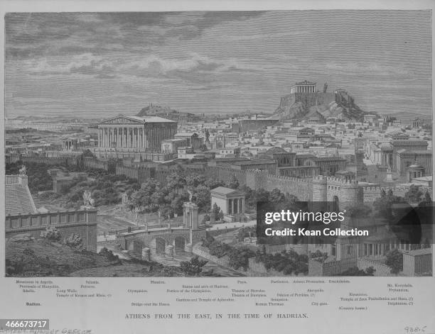 Engraved view of Athens from the east, during the time of Emperor Hadrian, Ancient Greece, circa 125-130 BC.