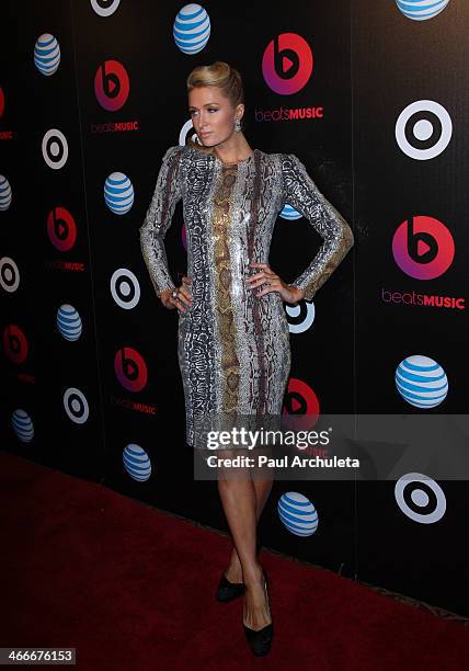 Personality Paris Hilton attends the official launch party for Beats Music from Beats By Dr. Dre at Belasco Theatre on January 24, 2014 in Los...