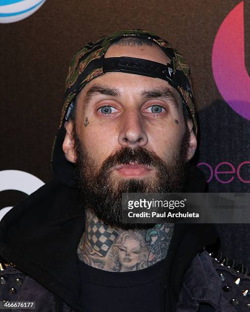 Travis Barker of the Rock Band Blink 182 attends the official launch party for Beats Music from Beats By Dr. Dre at Belasco Theatre on January 24,...