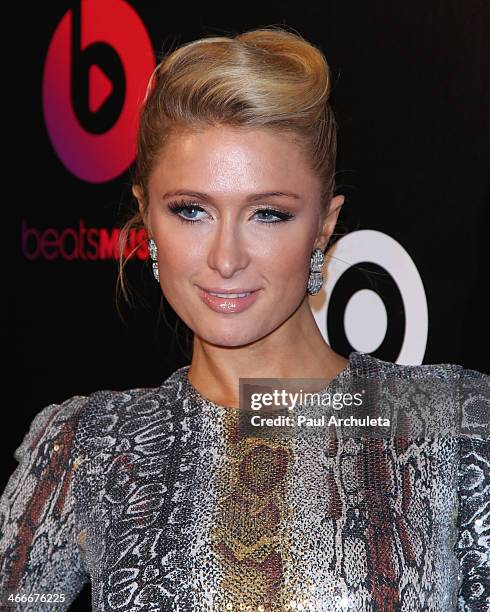 Personality Paris Hilton attends the official launch party for Beats Music from Beats By Dr. Dre at Belasco Theatre on January 24, 2014 in Los...