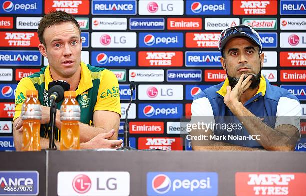 De Villiers and Muhammad Imran Tahir of South Africa talk to the media after the 2015 ICC Cricket World Cup match between South Africa and Sri Lanka...