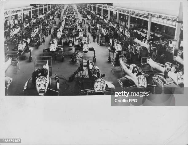 German factory with a mass production line of Junkers Ju 87 'dive bomber' aircraft, or Stukas, at the Junkers Headquarters, Dessau, Germany, circa...