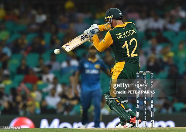 South Africa's Quinton de Kock hits a shot during the 2015 Cricket World Cup quarter-final match between South Africa and Sri Lanka in Sydney on...