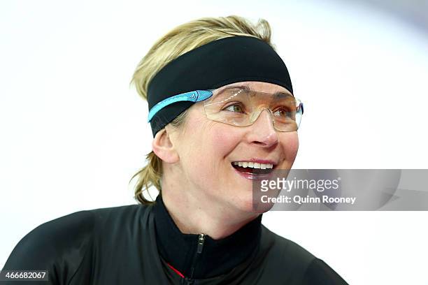 Speed skater Claudia Pechstein of Germany smiles during a training session ahead of the Sochi 2014 Winter Olympics at Adler Arena Skating Center on...