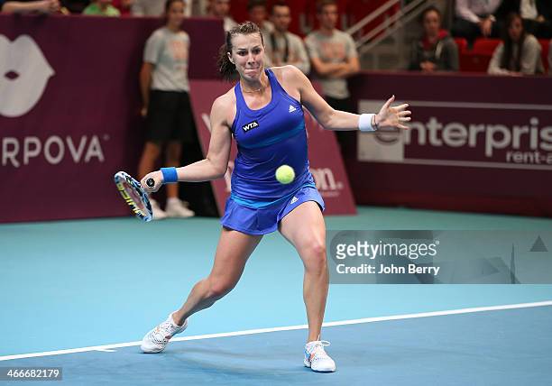 Anastasia Pavlyuchenkova of Russia in action against Sara Errani of Italy during the final of the 22nd Open GDF Suez held at the Stade de Coubertin...