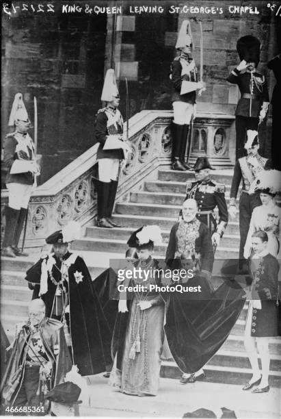 The soon-to-be King of England, George V , and his wife Mary of Teck leaving the St George's Chapel at Windsor Castle after Edward VIII , the Prince...