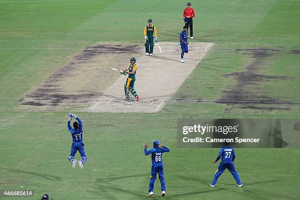 Faf du Plessis of South Africa attempts to play a shot during the 2015 ICC Cricket World Cup match between South Africa and Sri Lanka at Sydney...