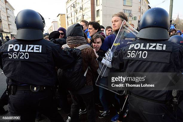 Activists clash with police during a demonstration organized by the Blockupy movement to protest against the policies of the European Central Bank...
