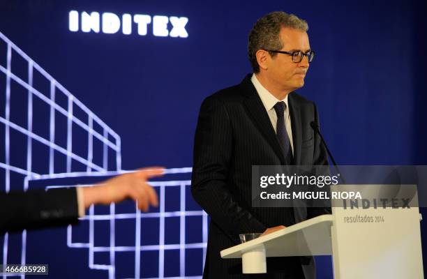 Spanish textile giant Inditex CEO Pablo Isla speaks during a press conference announcing the company's year end results in Arteixo, northwestern...