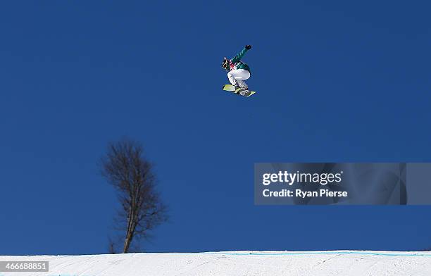 Torah Bright of Australia practices during training for Snowboard Slopestyle at the Extreme Park at Rosa Khutor Mountain on February 3, 2014 in...