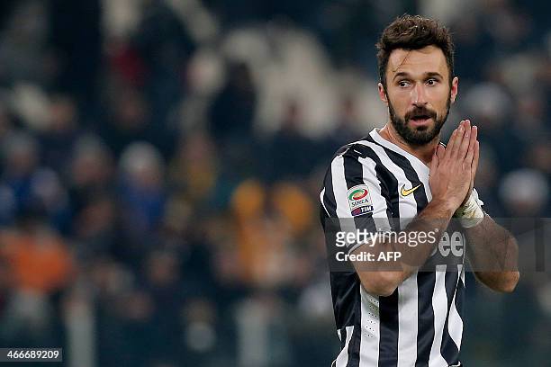 Juventus' forward Mirko Vucinic gestures during the Italian Serie A football match Juventus Turin vs Inter Milan on February 2, 2014 at Juventus...