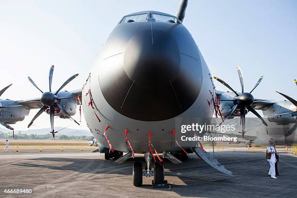 An Airbus 400M Atlas turboprop military transport aircraft, produced by Airbus Group NV, sits on the tarmac at the Langkawi International Maritime...