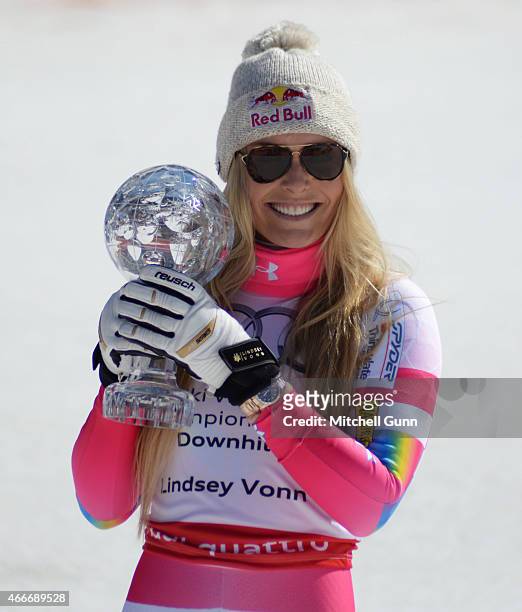 Lindsey Vonn of The USA with the crystal globe for overall downhill winner of the FIS Alpine Ski World Cup Women's downhill on March 18, 2015 in...
