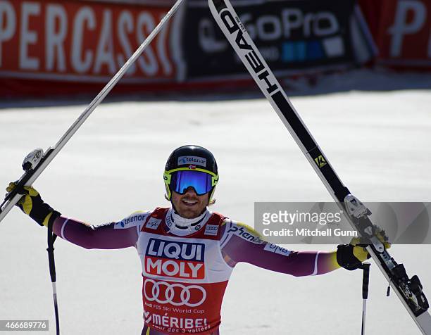 Kjetil Jansrud of Norway reacts in the finish area of the FIS Alpine Ski World Cup Men's downhill race on March 18, 2015 in Meribel, France.