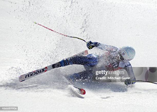 Carolina Ruiz-Castillo of Spain crashes in the finish area of the FIS Alpine Ski World Cup Women's downhill race on March 18, 2015 in Meribel, France.